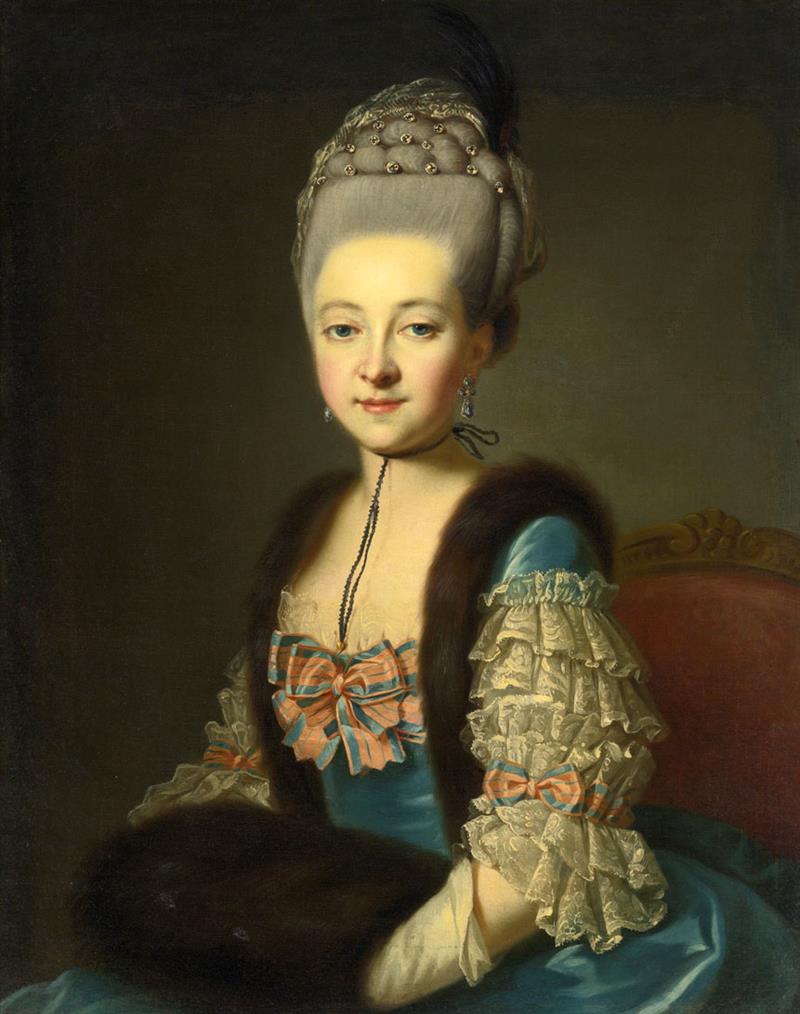 Portrait of a lady, in a blue silk dress with fur trim and muff