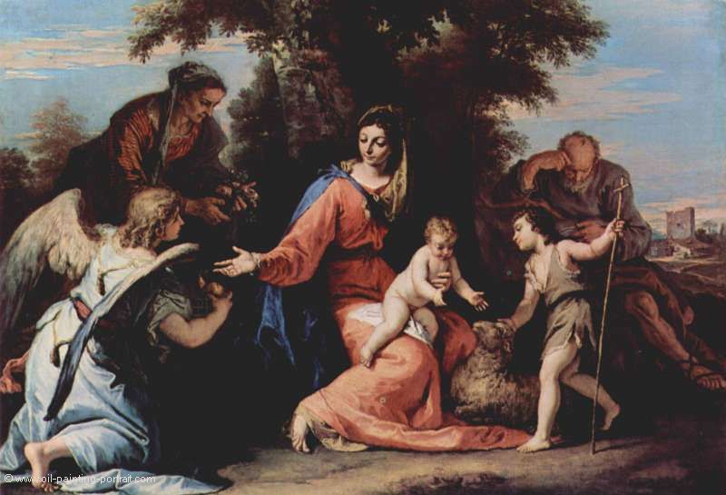 Ruhe auf der Flucht nach Ägypthen mit Johannes dem Täufer, Heiliger Elisabeth und einem Engel