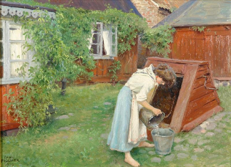 Scene from garden in Båstad, girl fetching water