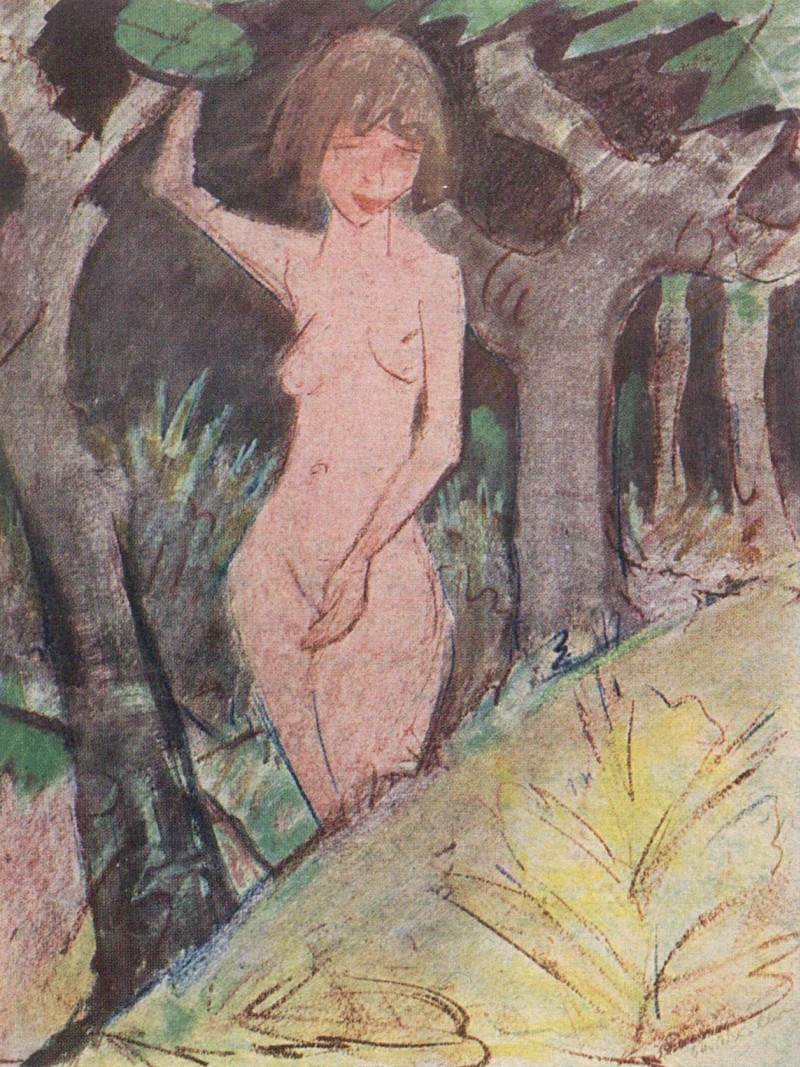 Stehender Mädchenakt im Walde