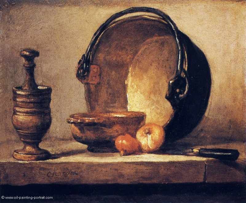 Still Life with Pestle, Bowl, Copper Cauldron, Onions and a Knife