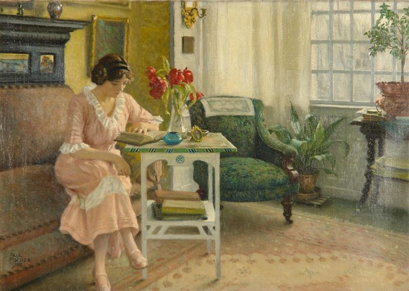 The artist's wife reading at home on Sofievej