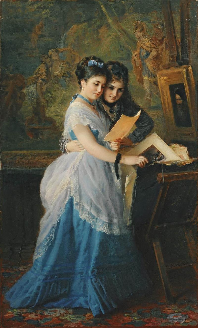 Two Girls Looking at Prints