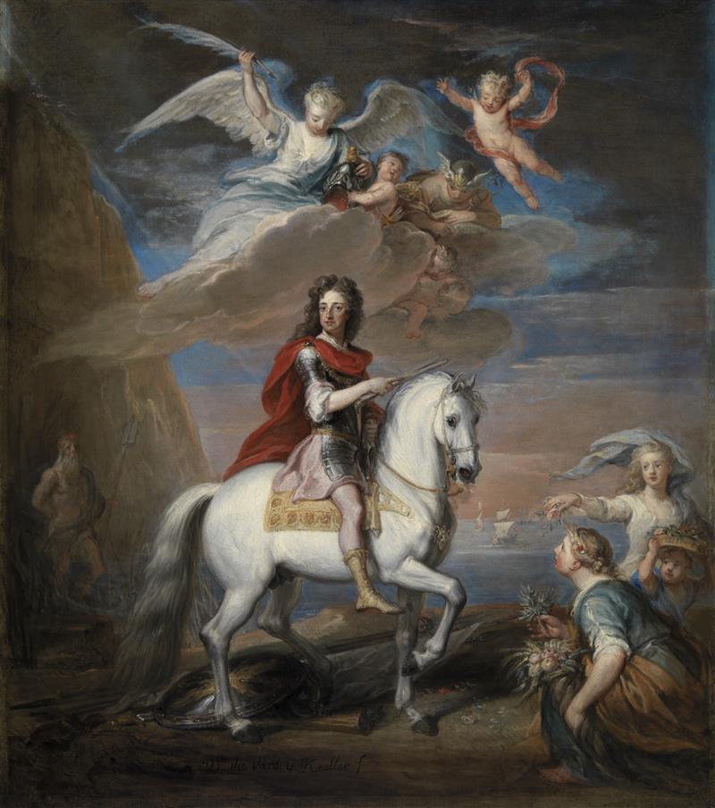 William III on a grey charger observed by Neptune, Ceres and Flora. Mercury in the sky and Astrea