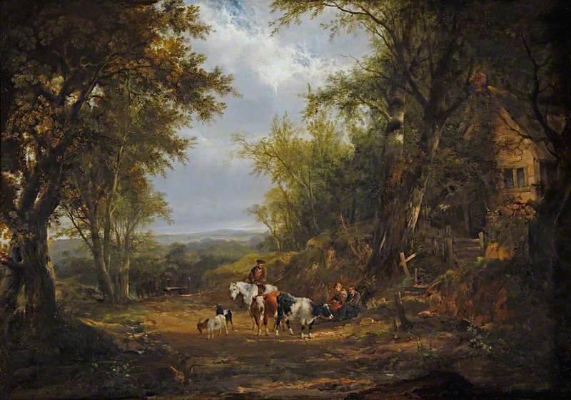 Wooded Landscape with Figures and a Horse and Cart, near a Cottage
