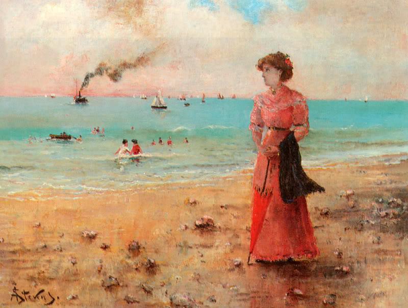 Young Lady with Red Umbrella on the Beach