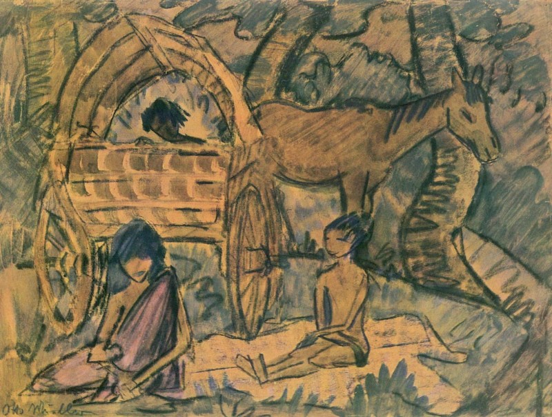 Zigeunerfamilie mit Planwagen im Wald