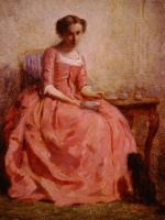 Bild:Girl in a Pink Dress Reading with a Dog