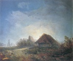 Bild:Westungarische Landschaft mit Hütten und aufgehendem Mond