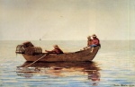 Bild:Trois hommes dans une barque avec des homards dans des pots