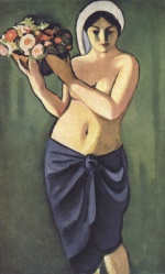 Bild:Femme portant un pot de fleurs