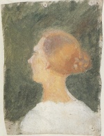 Bild:Femme rousse avec chignon devant un fond vert