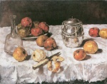 Bild:Pommes sur nappe blanche avec carafe d'eau, boîte de fer-blanc et couteau
