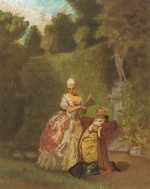 Bild:Vieil homme portant un costume rococo, agenouillé devant une dame dans le parc