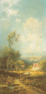 Bild:Paysage avec village, paysanne et deux enfants