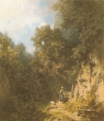 Bild:Fille avec a chèvre devant la porte
