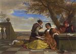 Bild:Two Men and a Young Woman Making Music on a Terrace