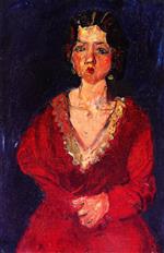 Bild:Woman in Red against Blue Background