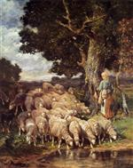 Bild:A Shepherdess with her Flock near a Stream