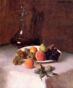 Bild:Une carafe de vin et des fruits sur une nappe blanche
