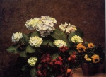 Bild:Hydrangeas, giroflées et deux pots de pensées